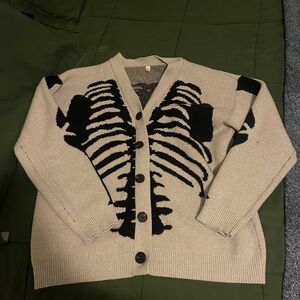Grey Cardigan Sweater with Black Ribcage Graphic